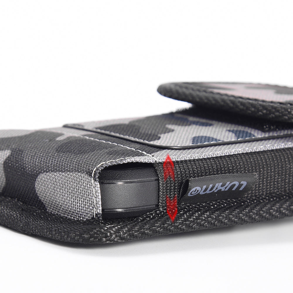 For Apple iPhone 16 Pro (6.3") Universal Pouch Case Vertical Phone Holster Camo Print with Card Slots, Pen Holder, Belt Clip Loop & Hook Cover [Grey Blue Camouflage]