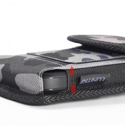 For Apple iPhone 16 Pro (6.3") Universal Pouch Case Vertical Phone Holster Camo Print with Card Slots, Pen Holder, Belt Clip Loop & Hook Cover [Grey Blue Camouflage]