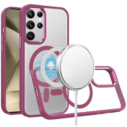 Phone Case for Samsung Galaxy S24 Ultra Magnetic Clear Acrylic Metal Button Shockproof Hybrid Durable Grip Bumper TPU Protective Heavy Duty Cover Burgundy