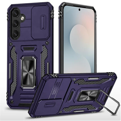 For Samsung Galaxy S25 FE, S25 Fan Edition Tough Hybrid Case with Movable Camera Window & Metal Ring Stand Shockproof Case Cover Dark Purple