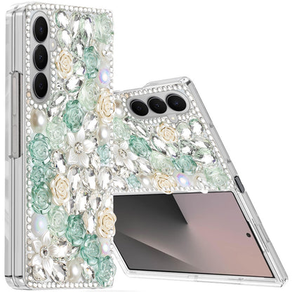 For Samsung Galaxy Z Fold 7 Fashion Rose Flower Floral Bling Crystal 3D Full Diamonds Pearl Sparkle Rhinestone Glitter Hybrid Case Cover