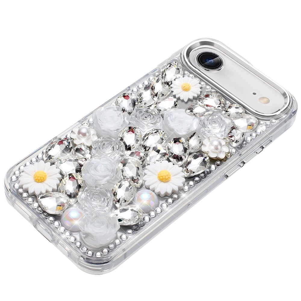 For Apple iPhone 17 Air (6.6") Fashion Daisy Floral Series, Full 3D Bling Crystal Diamonds Sparkling Rhinestone Glitter Hybrid Design Case Cover