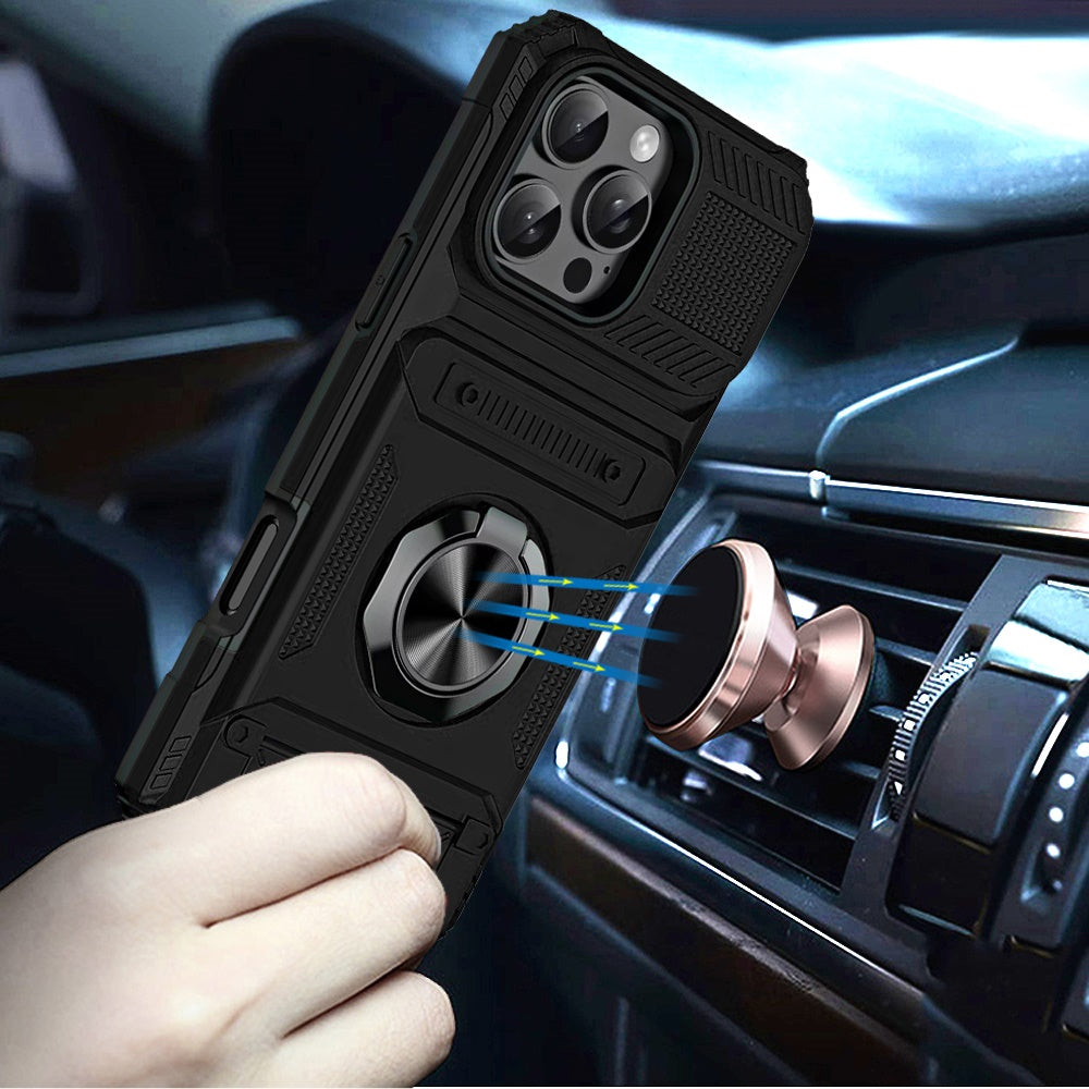 For iPhone 16 Pro Max (6.9") 2X Card Slot Metal Ring Stand Hybrid Shockproof Heavy Duty Drop Protection Multi Functional Design Case Cover Black
