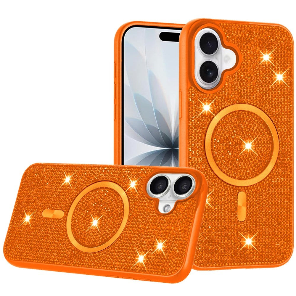 Phone Case for Apple iPhone 17 Magnetic Bling Diamond Sparkle Hybrid Shockproof Rugged Grip Durable Protection Anti-Slip Armor Design Cover Cosmic Orange