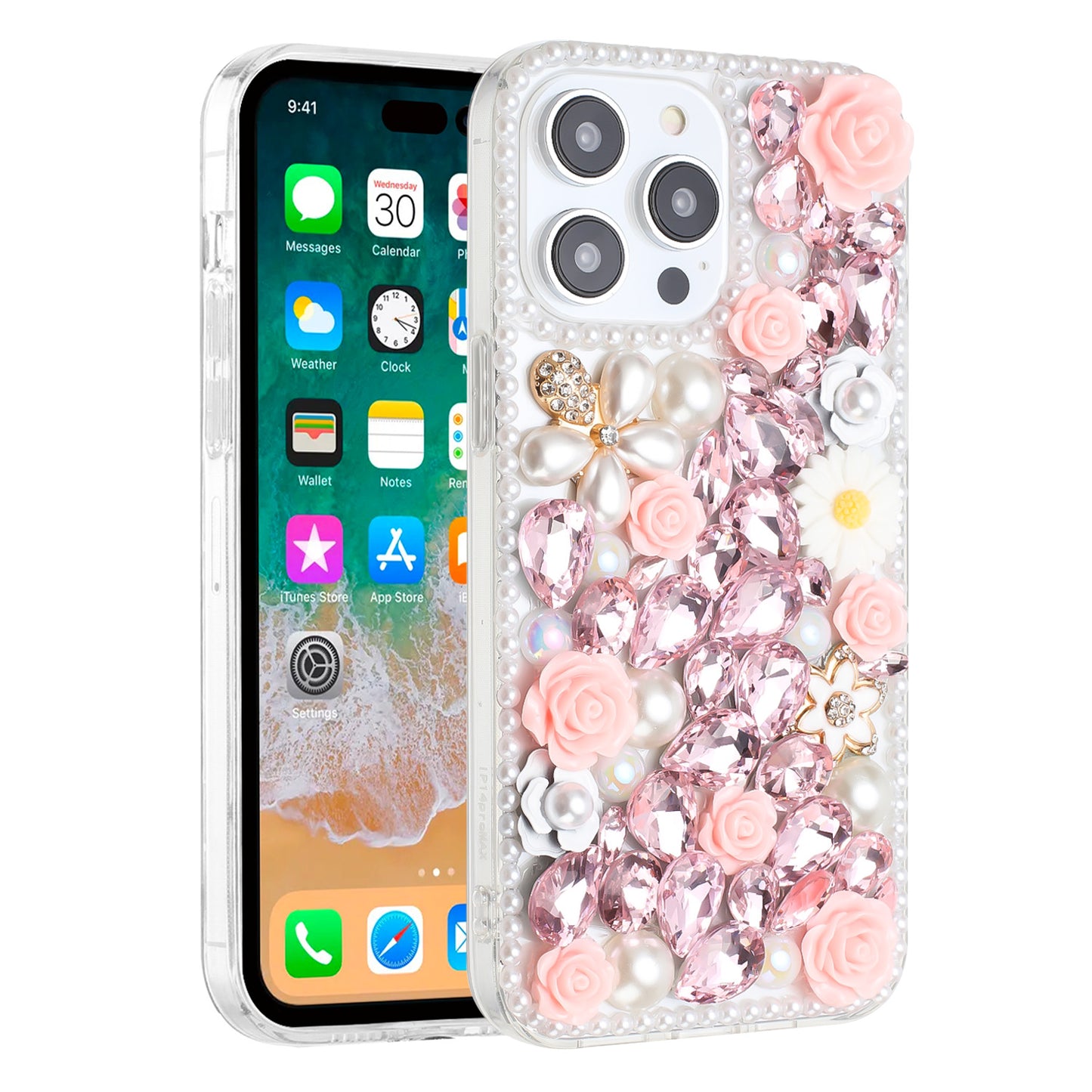 For Apple iPhone 17E /16E Fashion Rose Flower Floral, 3D Bling Crystal Full Diamonds Pearl Sparkle Rhinestone Glitter Hybrid Case Cover Pink