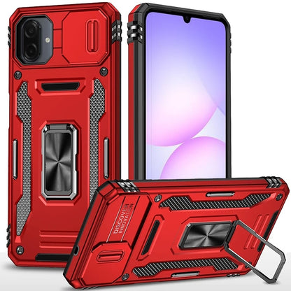 For Samsung Galaxy A07 Tough Hybrid Case with Movable Camera Window & Metal Ring Stand Shockproof Case Cover