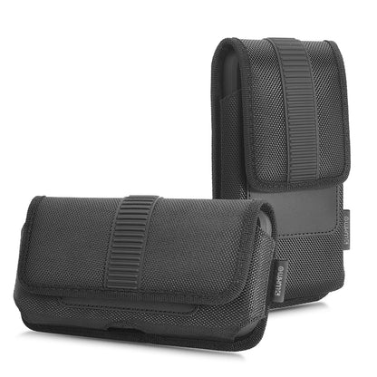 For Apple iPhone 16 Pro (6.3") Universal Horizontal Nylon Phone Case Carrying Pouch Cover with Card Storage Pocket & Belt Clip Loop Holster Front Grip [Black]