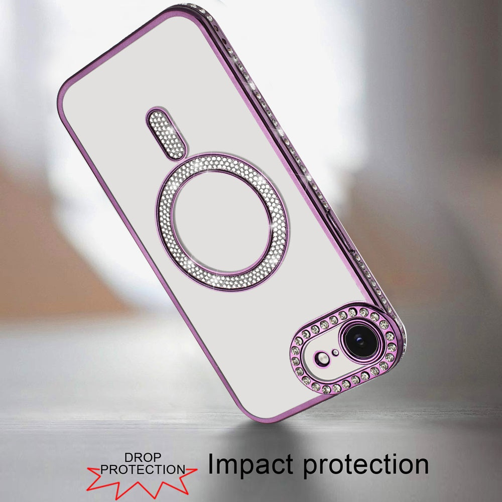 For Apple iPhone 16e Bling Case with Diamond Magnetic Circle, Transparent Slim Shockproof Hybrid Slim Fit Case Cover