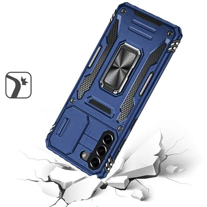 For Samsung Galaxy S21 Tough Hybrid Case with Movable Camera Window & Metal Ring Stand Shockproof Case Cover