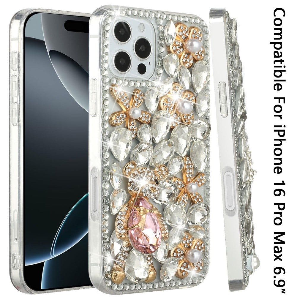 Phone Case for Apple iPhone 16 Pro Max Luxury Full Diamond Glitter 3D Floral Ornament Hybrid Shockproof Stylish Rhinestone Designer Protective Elegant Cover