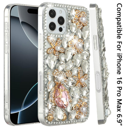 Phone Case for Apple iPhone 16 Pro Max Luxury Full Diamond Glitter 3D Floral Ornament Hybrid Shockproof Stylish Rhinestone Designer Protective Elegant Cover