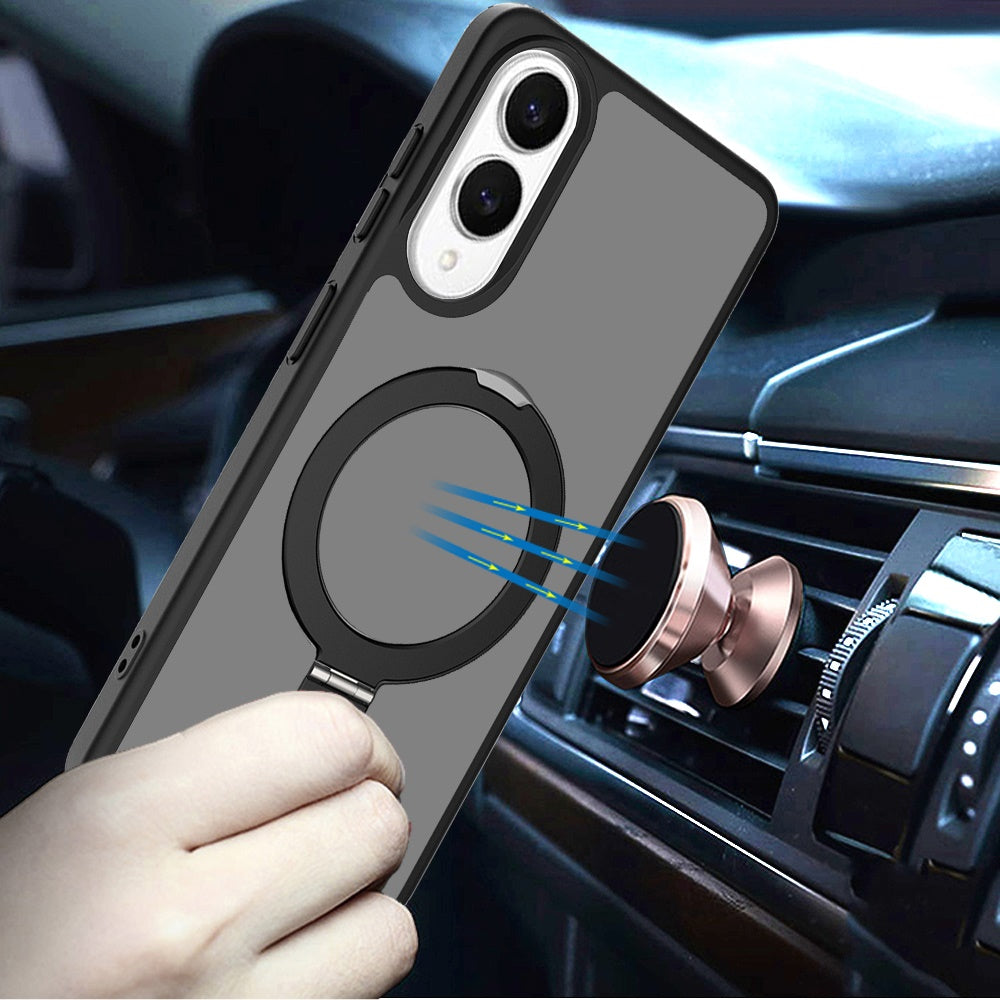 For Samsung Galaxy S25 Edge Magnetic Circle Back with Ring Stand Full Rotation Matte Hybrid Shockproof Case Cover Black
