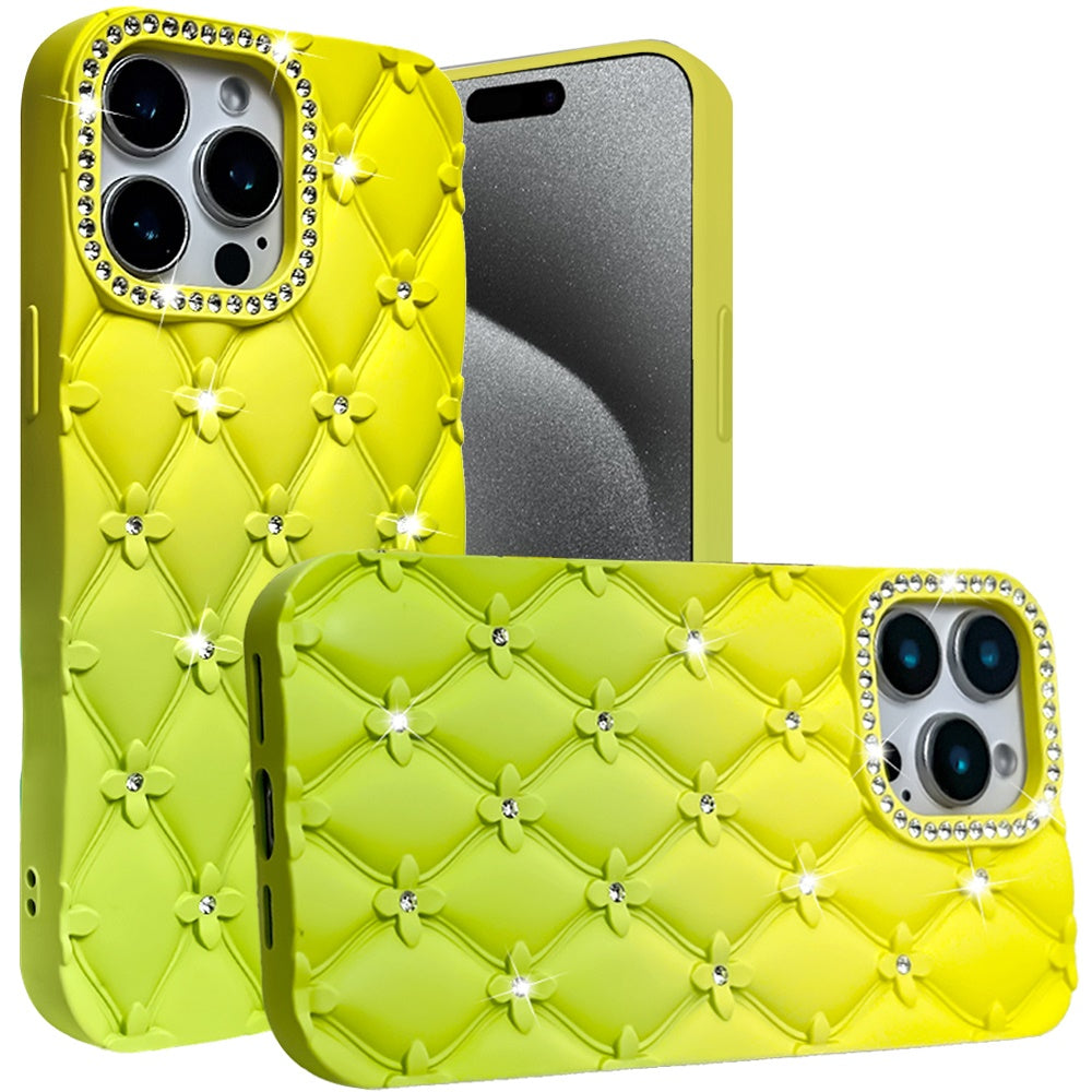 For Apple iPhone 15 Pro Max Fashion Flower Design Sparkle Glitter Shimmer Rhinestone Bling Floral Accents, Leather Texture TPU Case Cover