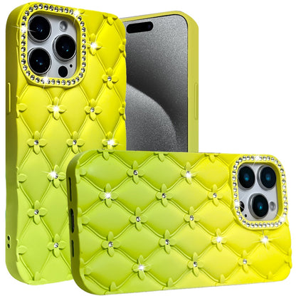 For Apple iPhone 15 Pro Max Fashion Flower Design Sparkle Glitter Shimmer Rhinestone Bling Floral Accents, Leather Texture TPU Case Cover