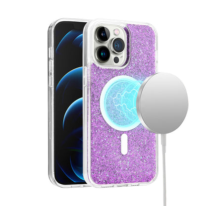 For Apple iPhone 16 (6.1") Magnetic MagSafe Wireless Compatible Epoxy Glitter Shiny Sparkle Bling Hybrid Slim PC + TPU Frame Case Cover