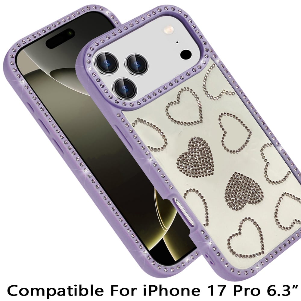 For Apple iPhone 17 Pro (6.3") Spread Love Glitter Shimmer Bling Diamond Edge Hybrid Drop Protection Shockproof Design Case Cover