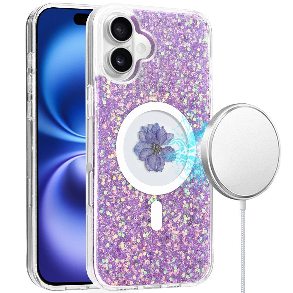 For Apple iPhone 16 Plus MagSafe Compatible Glitter Flower Epoxy Hybrid Slim TPU Case, Magnetic Circle Design, Sparkly Bling Protective Case Cover Gold