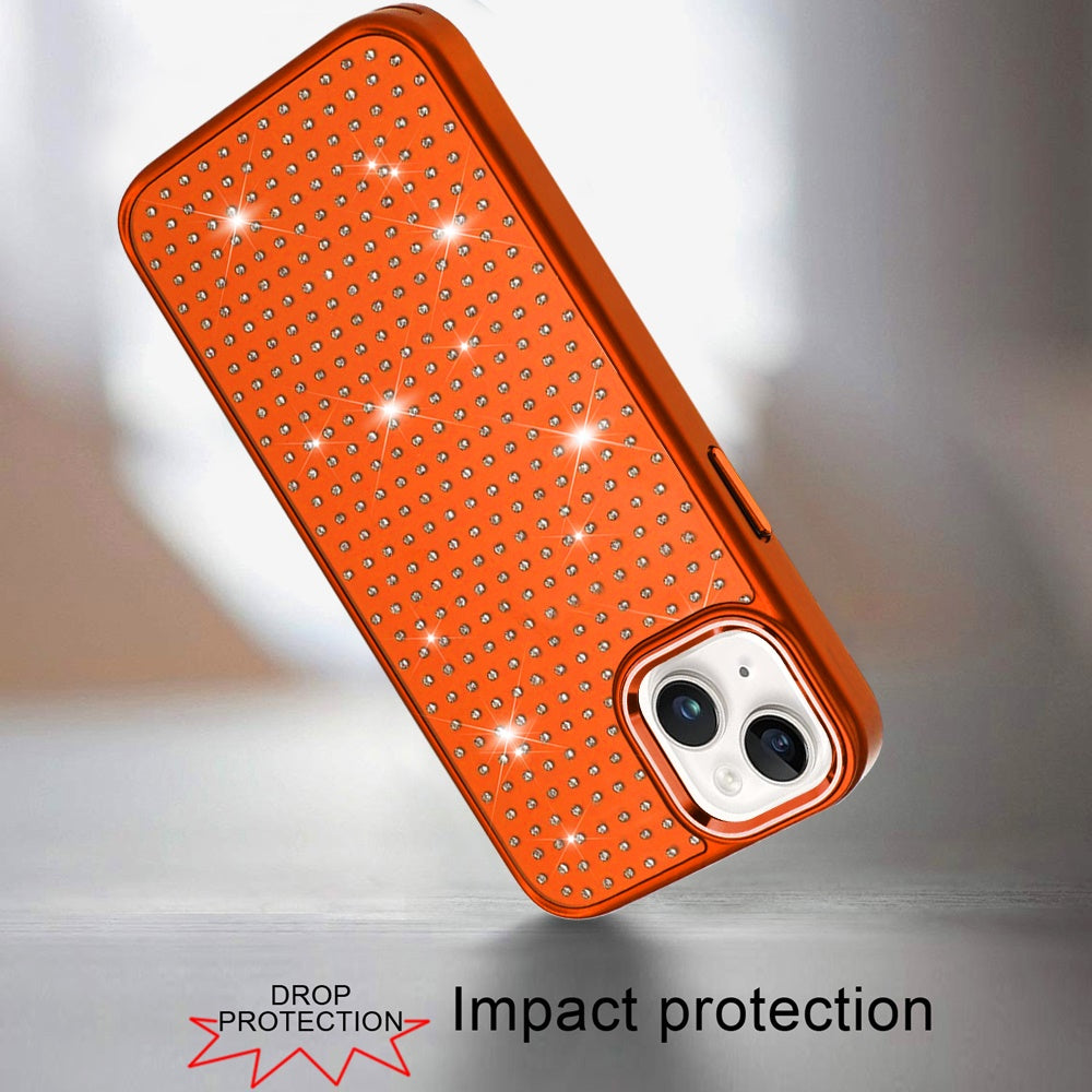 Phone Case for iPhone 15 Plus (6.7") Luxury Diamond Bling Sparkle Chrome Metallic Edge Shockproof Durable Protective Stylish Premium Hybrid Design Cover Cosmic Orange