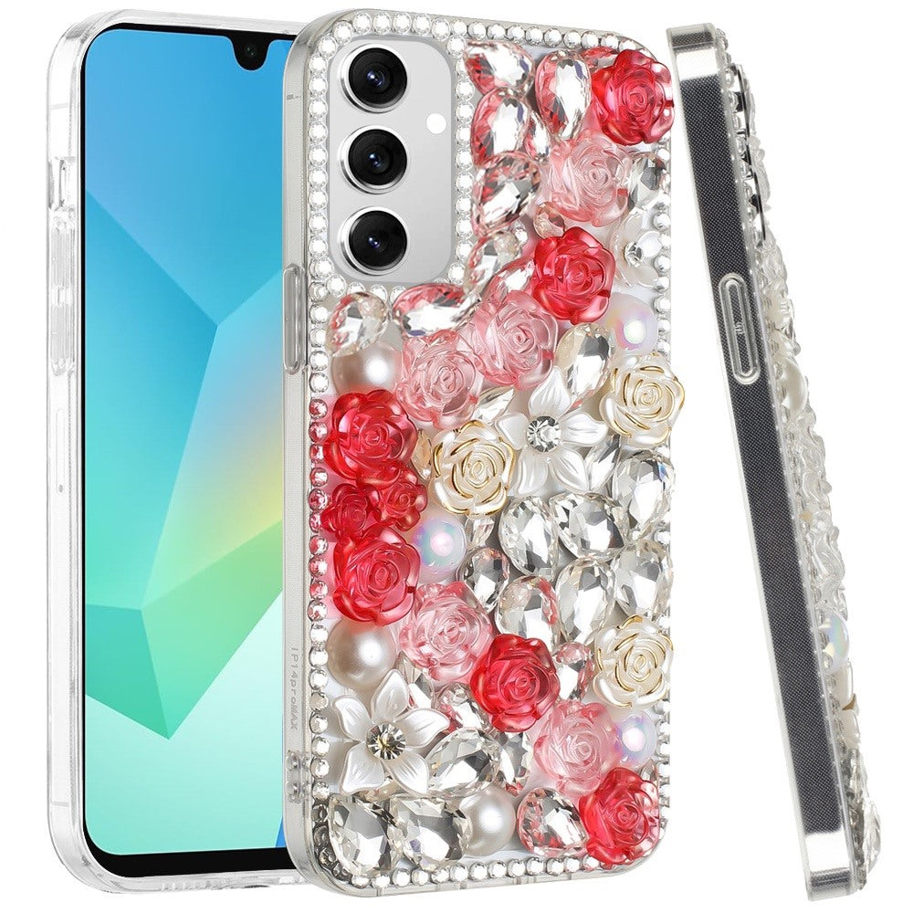 For Motorola Moto G 5G 2025 Fashion Rose Flower Floral Bling Crystal 3D Full Diamonds Pearl Sparkle Rhinestone Glitter Hybrid Case Cover