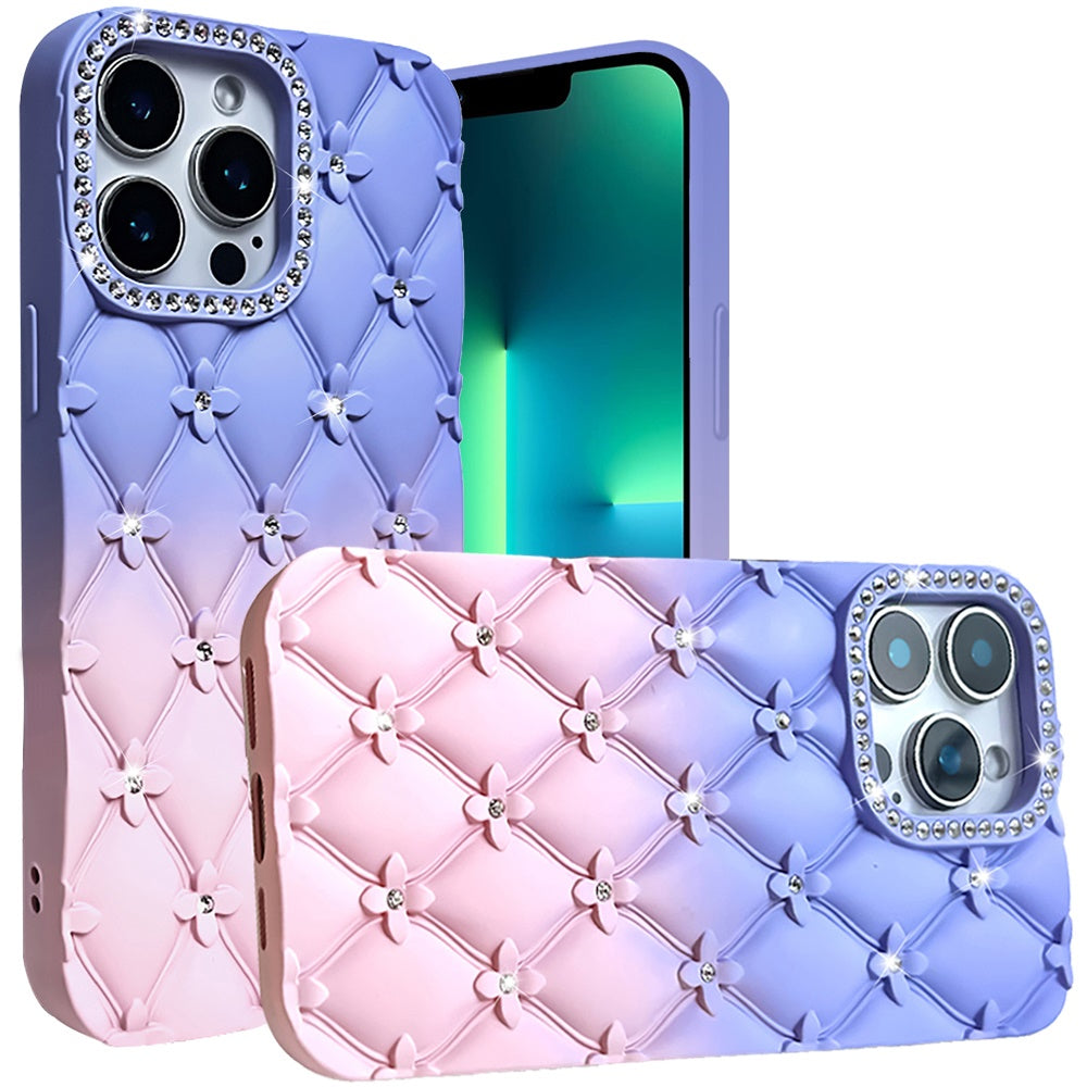 For Apple iPhone 17E /16E Fashion Flower Design Sparkle Glitter Shimmer Rhinestone Bling Floral Accents, Leather Texture TPU Case Cover