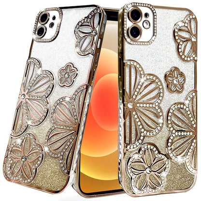 For Apple iPhone 16 Pro Max (6.9") Luxury Floral Design Sparkle Glitter Diamond Crystal Rhinestone Shimmer Bling Plating Thick TPU Hard PC Case Cover