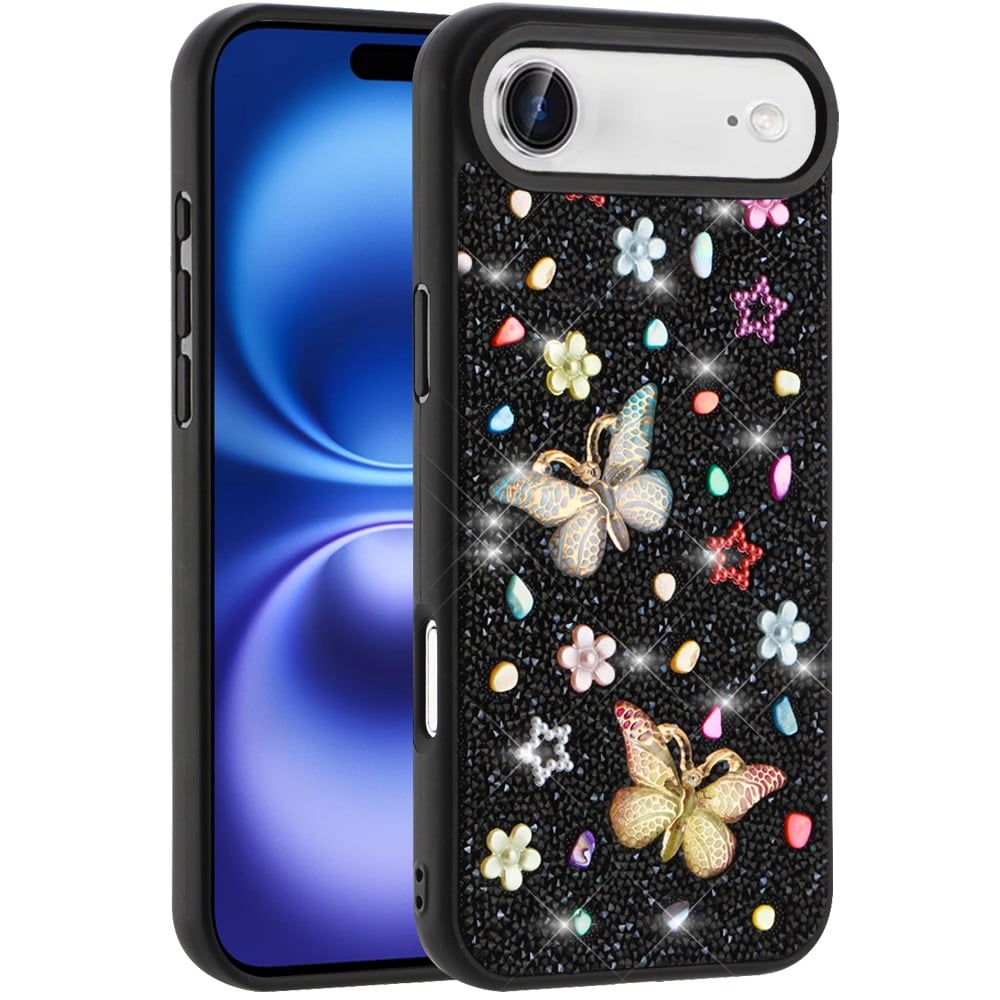 For Apple iPhone 17 Air (6.6") Diamond Butterfly 3D Glitter Bling Design, Slim Hybrid Sparkle Protective Cover TPU for Women Girls Case Cover