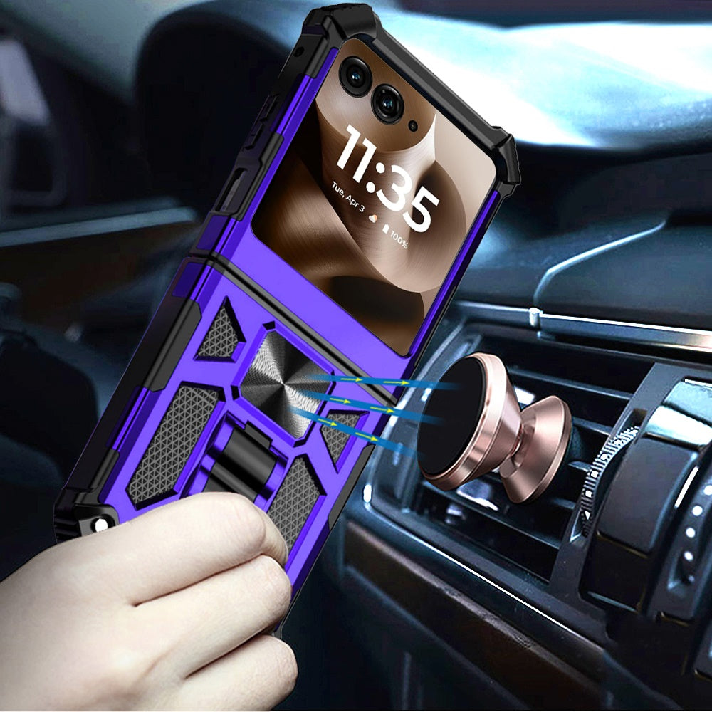 For Motorola Razr+ PLUS 2025 /2024 Hybrid Shockproof [Military Grade] Rugged Protective with Magnetic Car Mount & Invisible Stand Case Cover Purple