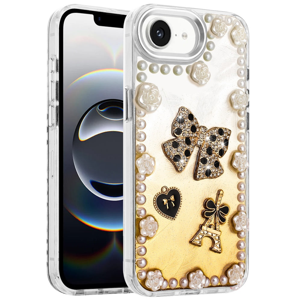 For Apple iPhone 16e Bling Fashion Design with 3D Pearls Epoxy Glitter Ornaments Chrome Edge Hard Slim PC Case Cover