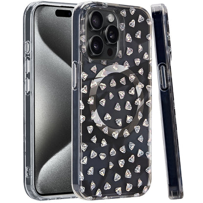 For Apple iPhone 15 Pro Max (6.7") Floral Pattern Design Cute Clear Hybrid Compatible with Magsafe Double Layer Soft TPU Hard PC Case Cover