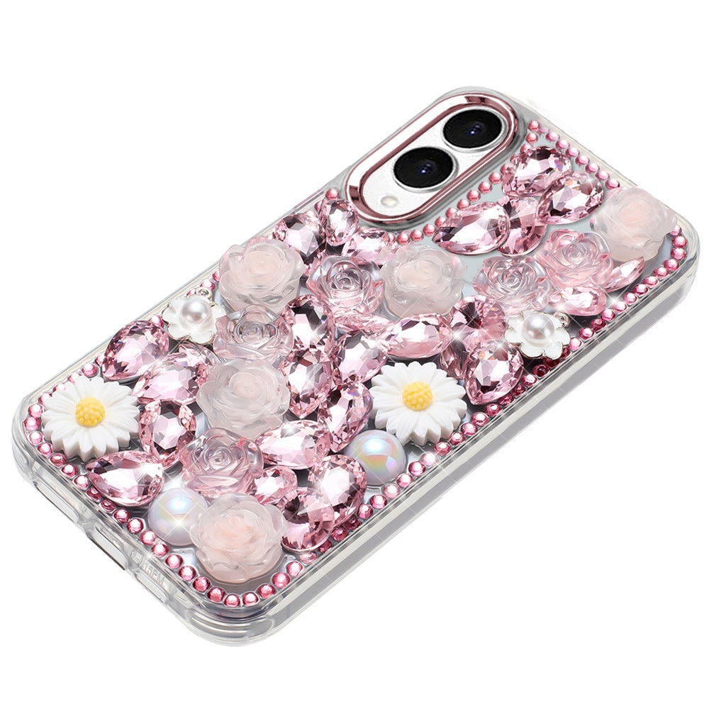 For Samsung Galaxy S25 Edge Fashion Daisy Floral Series, Full 3D Bling Crystal Diamonds Sparkling Rhinestone Glitter Hybrid Design Case Cover