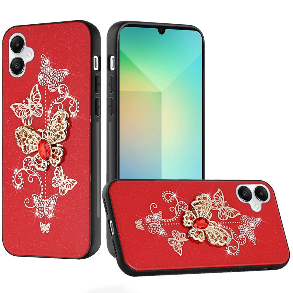 For Samsung Galaxy A06 Diamonds 3D Butterfly Bling Sparkly Glitter Ornaments Engraving Hybrid Metal Fashion Case Cover Red Garden Butterflies