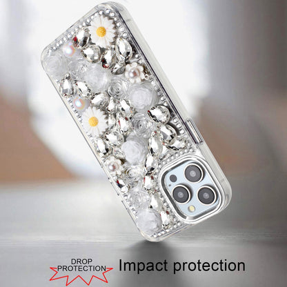 For Apple iPhone 12 /12 Pro Fashion Daisy Floral Series, Full 3D Bling Crystal Diamonds Sparkling Rhinestone Glitter Hybrid Design Case Cover