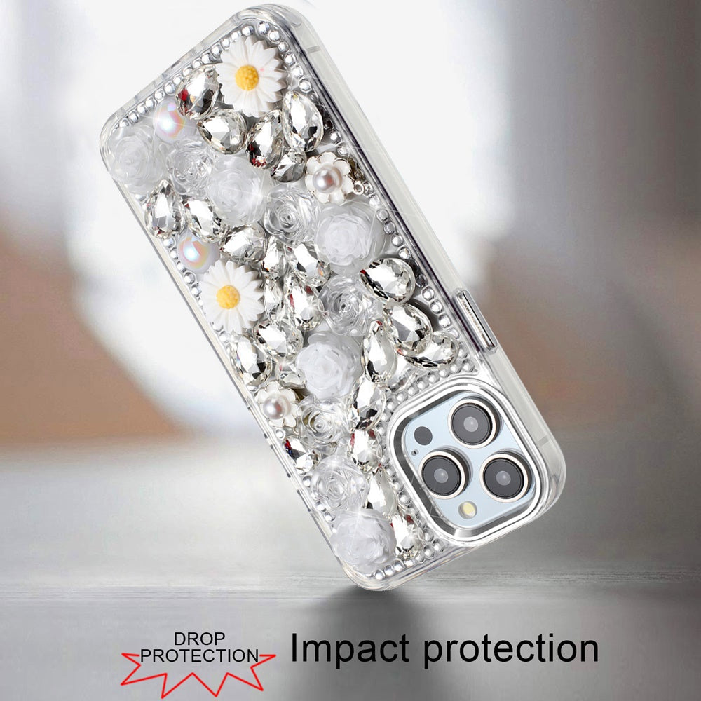 For Samsung Galaxy A37 Fashion Daisy Floral Series, Full 3D Bling Crystal Diamonds Sparkling Rhinestone Glitter Hybrid Design Case Cover