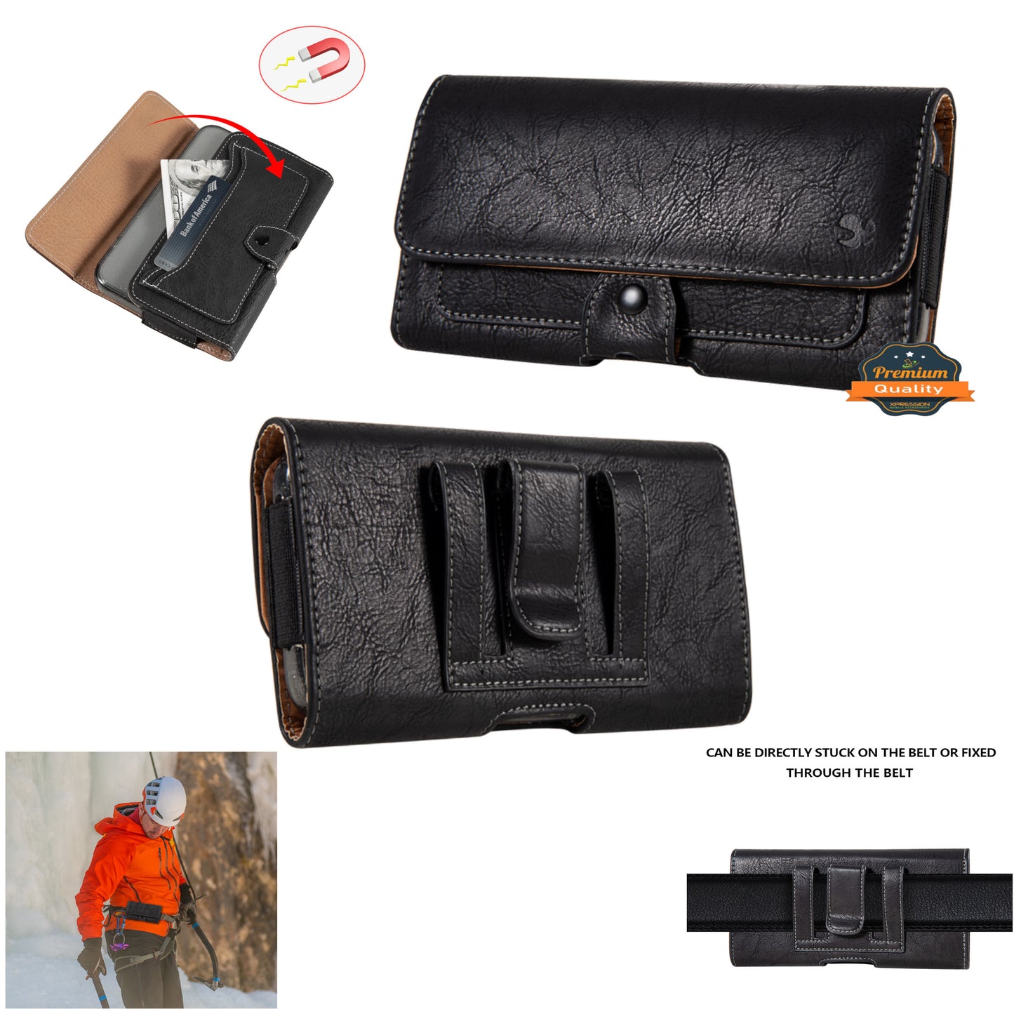 For Apple iPhone 16 (6.1") Universal Phone Holder Horizontal PU Leather with Credit Card Money Slot, Belt Clip Holster Loops Carrying M Pouch [Black]