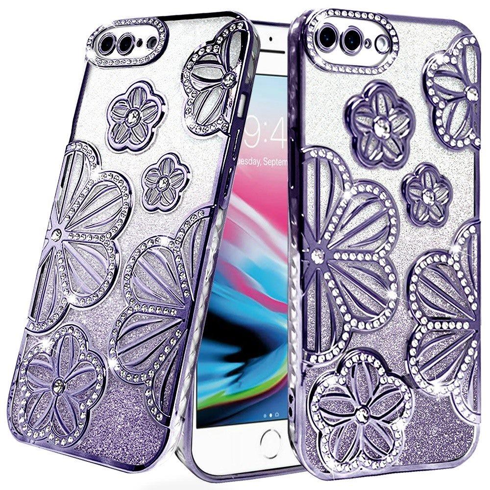 For Apple iPhone 8 Plus/7 Plus Luxury Floral Design Sparkle Glitter Diamond Crystal Rhinestone Shimmer Bling Plating Thick TPU Hard PC Case Cover