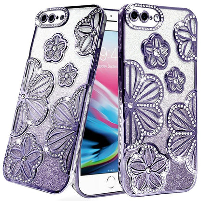 For Apple iPhone 8 Plus/7 Plus Luxury Floral Design Sparkle Glitter Diamond Crystal Rhinestone Shimmer Bling Plating Thick TPU Hard PC Case Cover