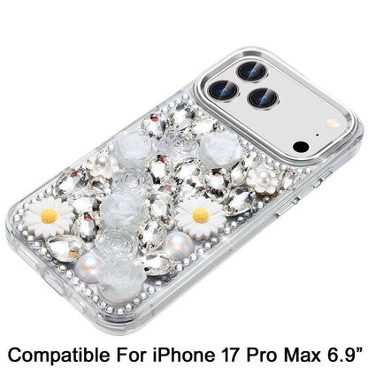Phone Case for Apple iPhone 17 Pro Max (6.9") Full Bling Rhinestone Glitter Floral Luxury Hybrid Shockproof Stylish Sparkling Protective Designer Ornament Cover White
