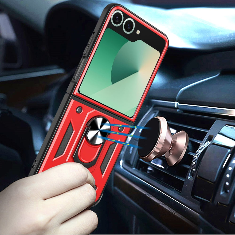 For Samsung Galaxy Z Flip 7 Hybrid Case with Slide Camera Lens Cover, Ring Kickstand, Heavy-Duty Dual Layer TPU, Fit Magnet Car Mount Case Cover