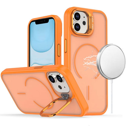 For iPhone 15 Plus (6.7") Magnetic Matte Metal Camera Stand Hybrid Drop Protection Durable Shockproof Slim Fit Design Case Cover Cosmic Orange