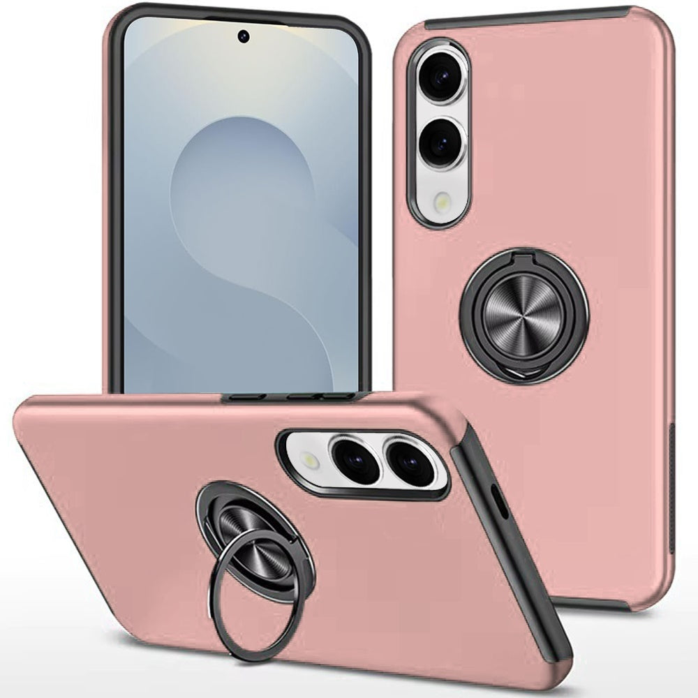 For Samsung Galaxy S25 EDGE Hybrid 360 Degree Rotatable Metal Invisible Ring Stand Holder Slim Fit Magnetic Car Mount Shockproof Case Cover Rose Gold