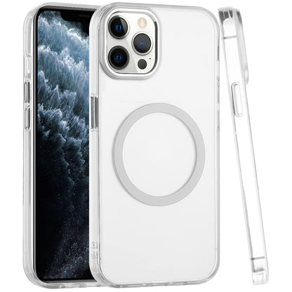 For Apple iPhone 11 Pro Max Transparent Back Hybrid Case - Magnetic Circle, Color Frame, Metal Buttons, MagSafe Compatible Case Cover
