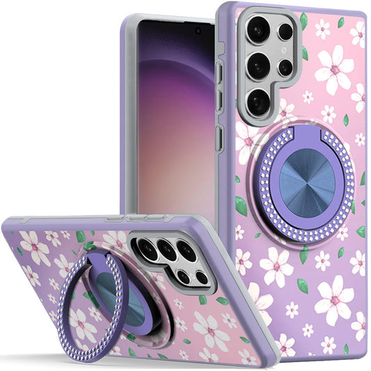 For Samsung Galaxy S23 Ultra Pattern Design Hybrid with Invisible Ring Stand & Magnetic Back, Shockproof Protective Grip Case Cover