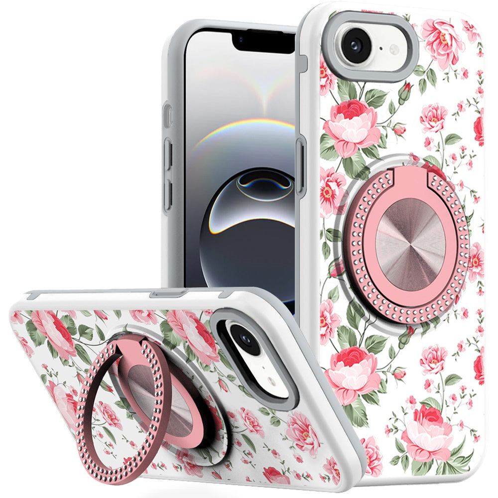 For Apple iPhone 16e Pattern Design Hybrid with Invisible Ring Stand & Magnetic Back, Shockproof Protective Grip Case Cover Red Flowers