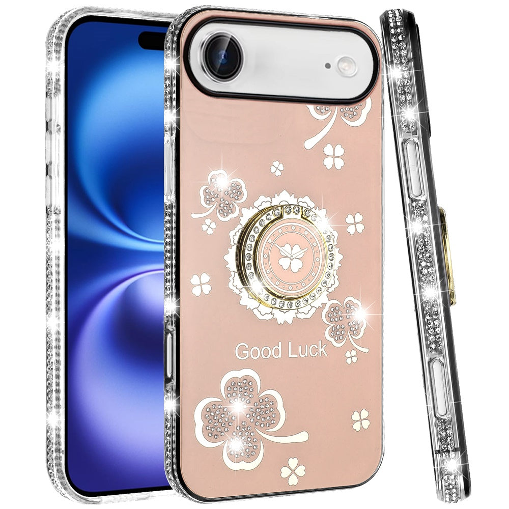 For Apple iPhone 17 Air (6.6") Diamonds Bling All Around Edges Sparkly Glitter Hybrid with Ring Stand Holder Fashion Good Luck Case Cover