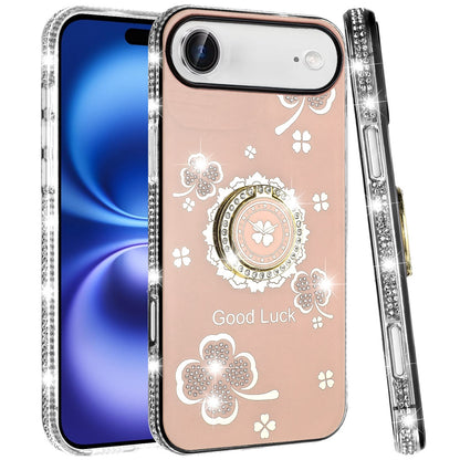 For Apple iPhone 17 Air (6.6") Diamonds Bling All Around Edges Sparkly Glitter Hybrid with Ring Stand Holder Fashion Good Luck Case Cover