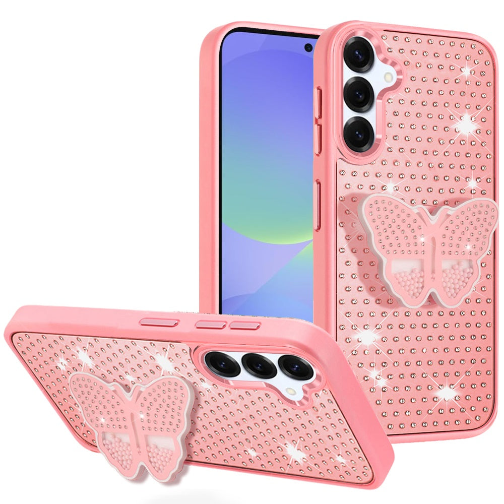 For Samsung Galaxy A36 Butterfly Moveable Grip 3D Pop Stand Full Diamond Bling Sparkling TPU Fashion Hybrid Case Cover