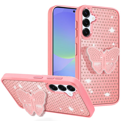 For Samsung Galaxy A36 Butterfly Moveable Grip 3D Pop Stand Full Diamond Bling Sparkling TPU Fashion Hybrid Case Cover