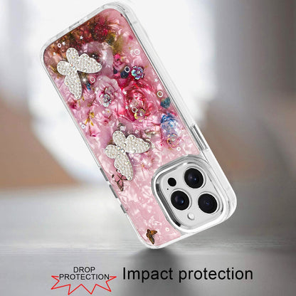 For Apple iPhone 17E /16E Epoxy Glitter Flowers Bling 3D Butterfly Fashion TPU Hybrid with Shockproof Protection Case Cover Pink