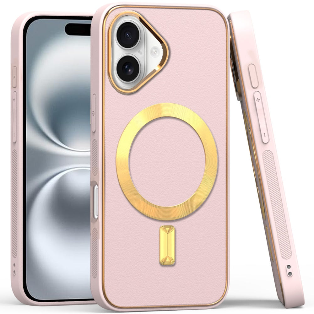 For Apple iPhone 16 (6.1") PU Leather Magnetic Case Slim Protective Cover with MagSafe Compatibility Hard PC Gold Frame Protection Case Cover