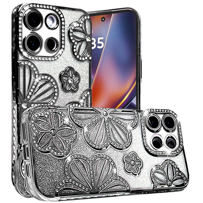 For Apple iPhone 17E /16E Luxury Flower Design Sparkle Glitter Diamond Rhinestone Shimmer Bling Plating Thick TPU Hard PC Case Cover